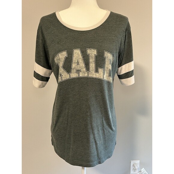 “Kale” Green Crew Neck Striped Sleeve Tee Women’s Small - Picture 1 of 4